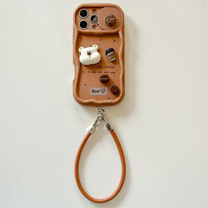3D Coffee Cartoon Bear Phone Case With Wrist Strap For iPhone PhoneShells