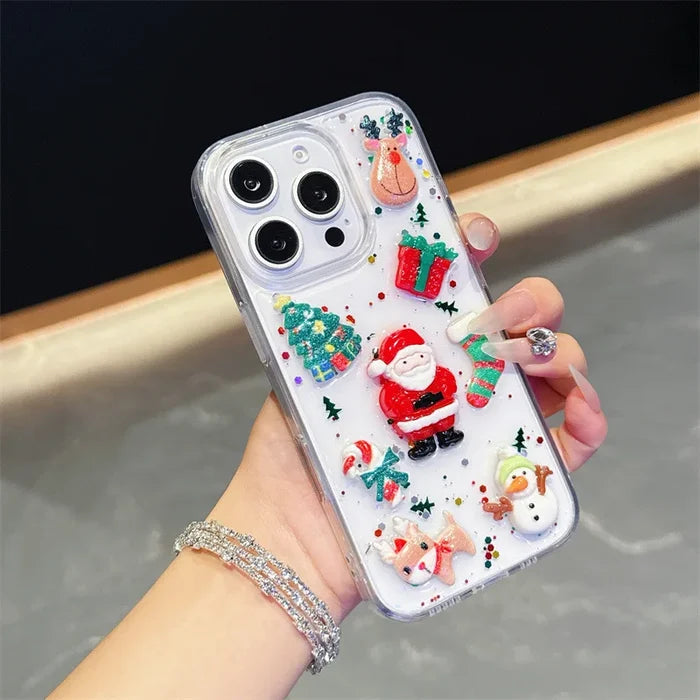 3D Cute Cartoon Christmas Drop Glue Glitter Phone Case For iPhone PhoneShells