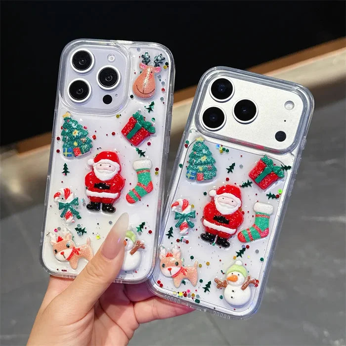 3D Cute Cartoon Christmas Drop Glue Glitter Phone Case For iPhone PhoneShells