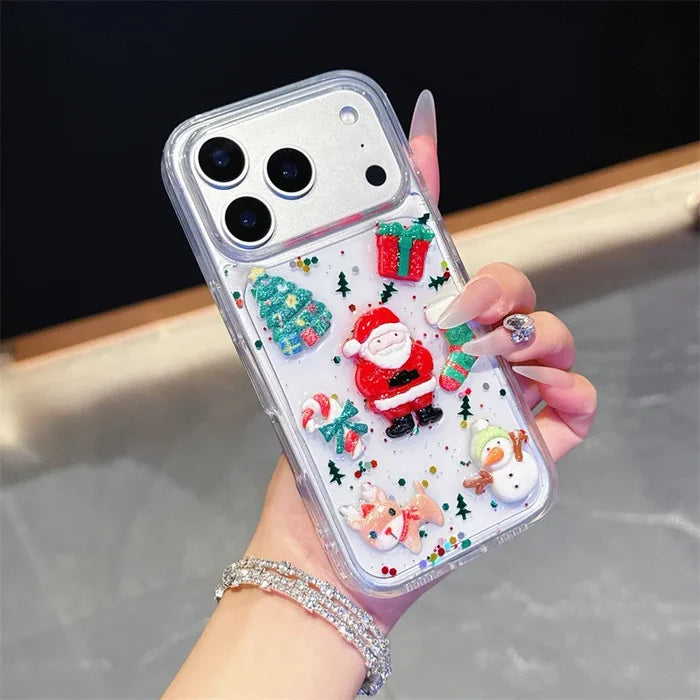 3D Cute Cartoon Christmas Drop Glue Glitter Phone Case For iPhone PhoneShells