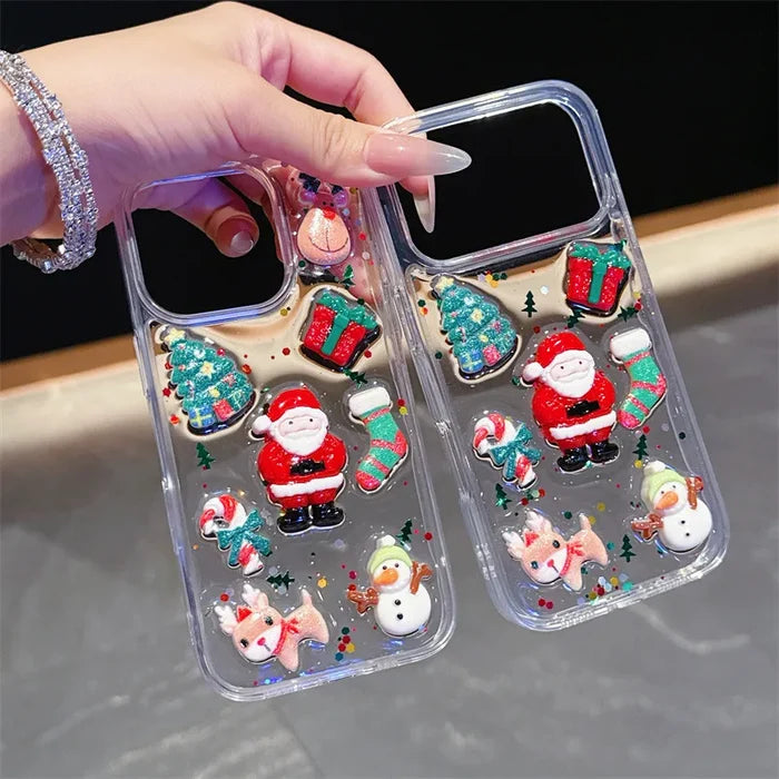 3D Cute Cartoon Christmas Drop Glue Glitter Phone Case For iPhone PhoneShells
