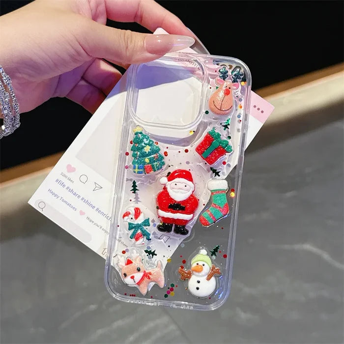 3D Cute Cartoon Christmas Drop Glue Glitter Phone Case For iPhone PhoneShells