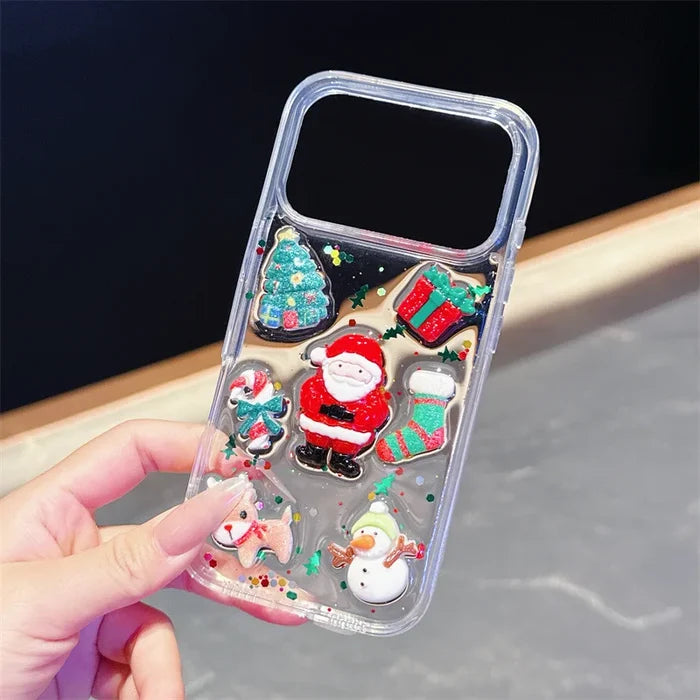 3D Cute Cartoon Christmas Drop Glue Glitter Phone Case For iPhone PhoneShells