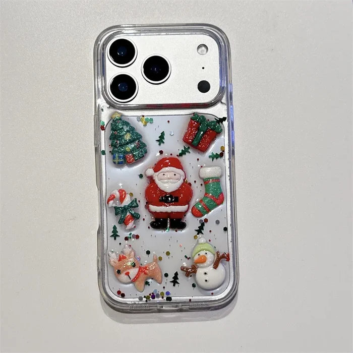 3D Cute Cartoon Christmas Drop Glue Glitter Phone Case For iPhone PhoneShells