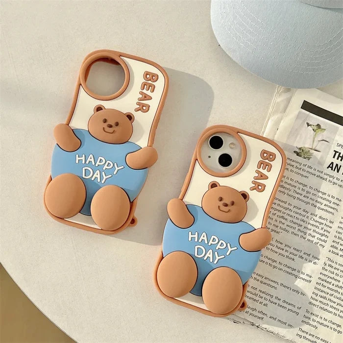 3D Cute Cartoon Fat Bear Silicone Telescopic Bracket Phone Case For iPhone PhoneShells