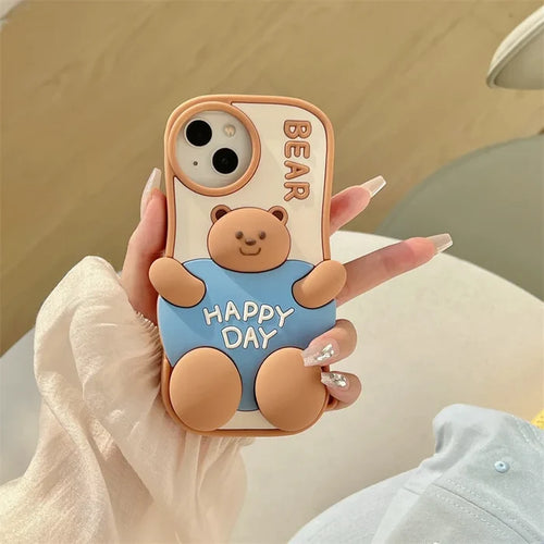 3D Cute Cartoon Fat Bear Silicone Telescopic Bracket Phone Case For iPhone PhoneShells