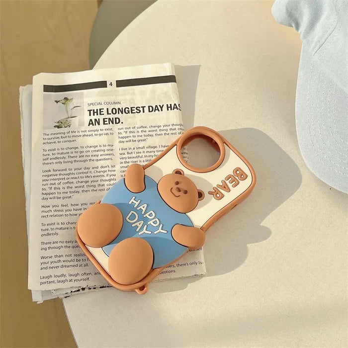 3D Cute Cartoon Fat Bear Silicone Telescopic Bracket Phone Case For iPhone PhoneShells