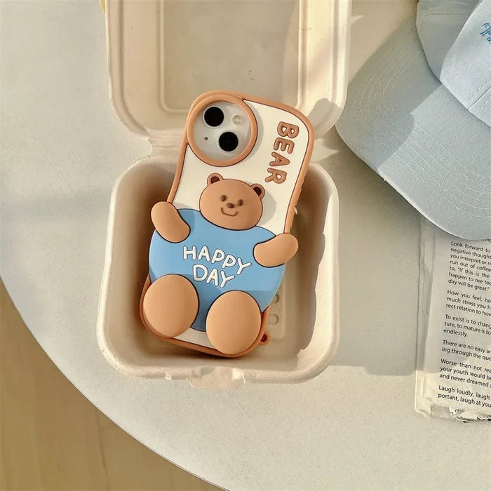 3D Cute Cartoon Fat Bear Silicone Telescopic Bracket Phone Case For iPhone PhoneShells