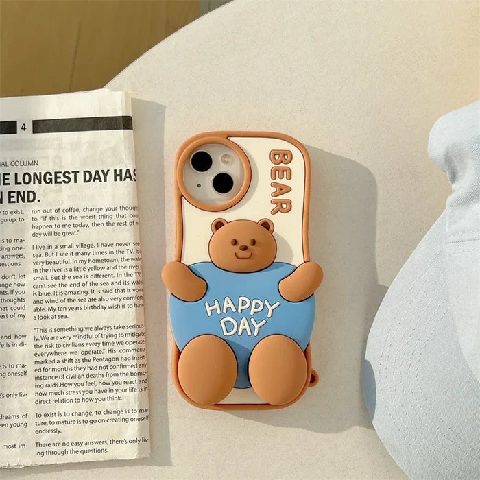 3D Cute Cartoon Fat Bear Silicone Telescopic Bracket Phone Case For iPhone PhoneShells