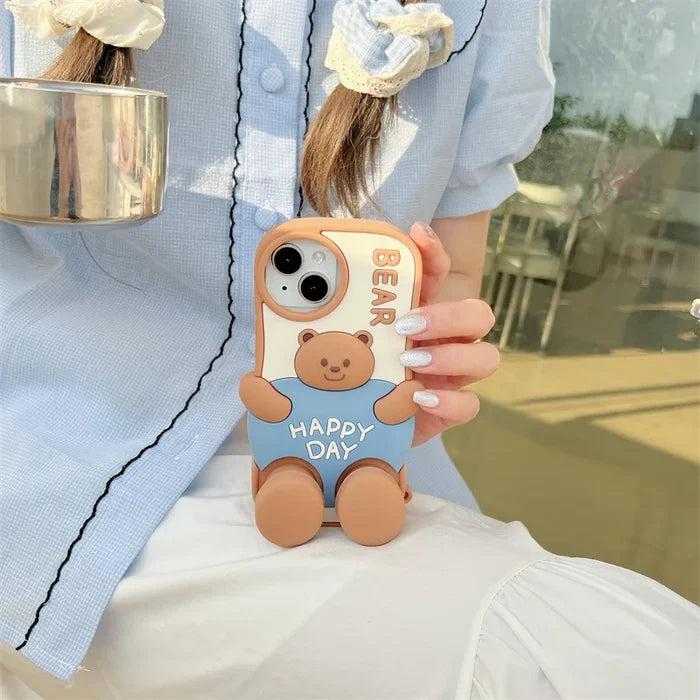 3D Cute Cartoon Fat Bear Silicone Telescopic Bracket Phone Case For iPhone PhoneShells