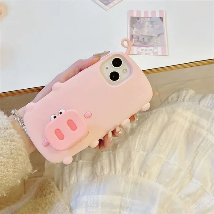 3D Cute Cartoon Pig Nose Telescopic Bracket Silicone Phone Case For iPhone PhoneShells