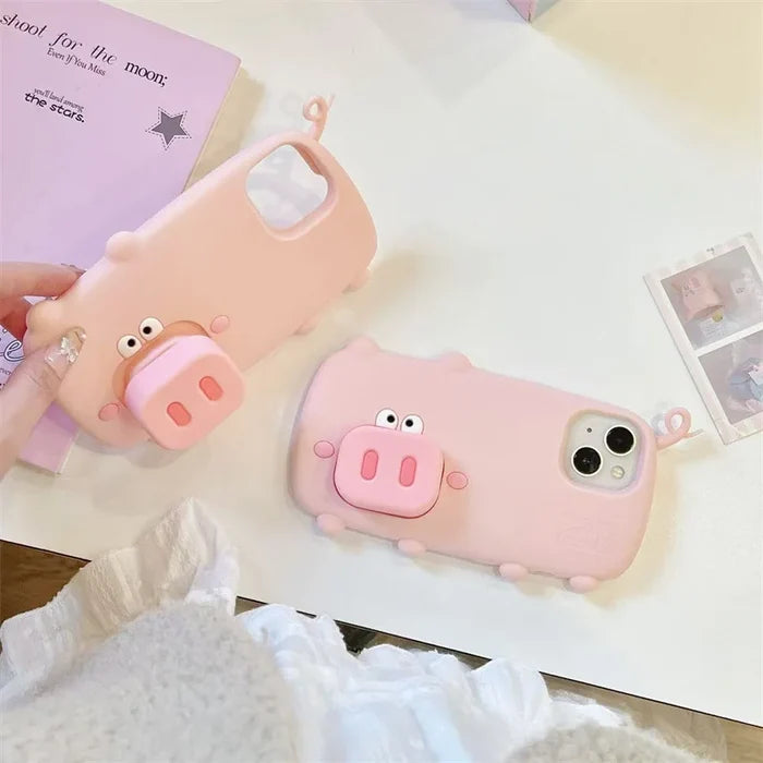 3D Cute Cartoon Pig Nose Telescopic Bracket Silicone Phone Case For iPhone PhoneShells