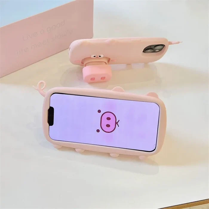 3D Cute Cartoon Pig Nose Telescopic Bracket Silicone Phone Case For iPhone PhoneShells