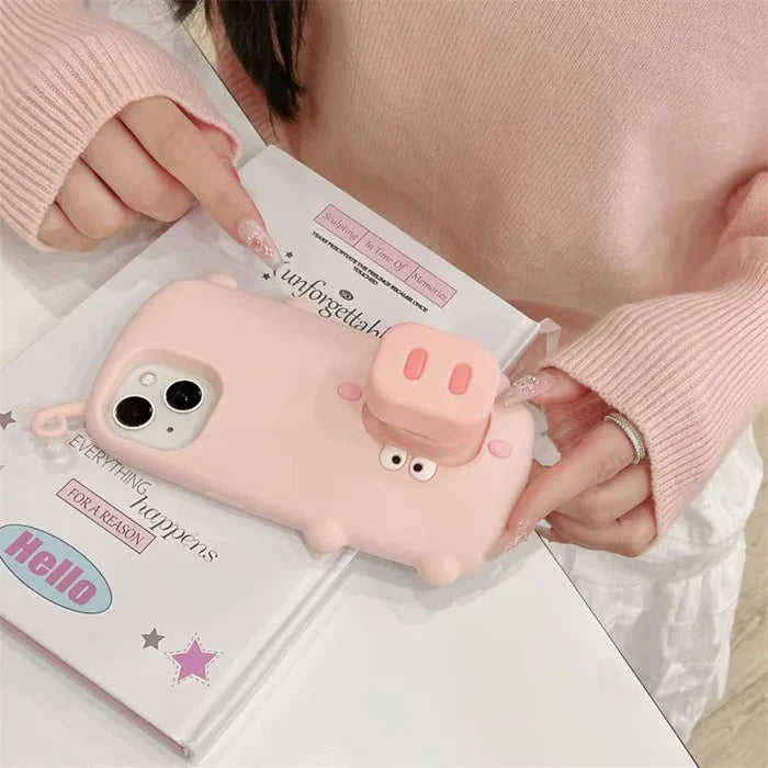 3D Cute Cartoon Pig Nose Telescopic Bracket Silicone Phone Case For iPhone PhoneShells