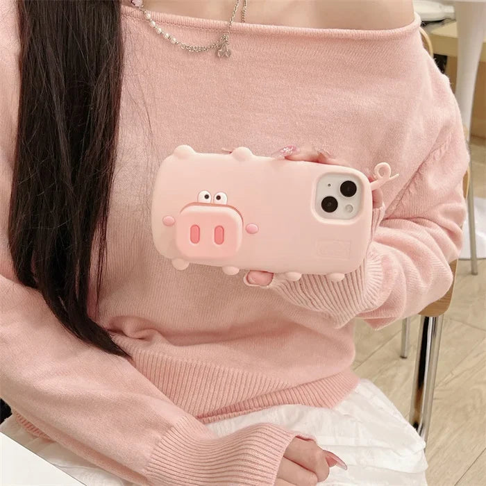 3D Cute Cartoon Pig Nose Telescopic Bracket Silicone Phone Case For iPhone PhoneShells