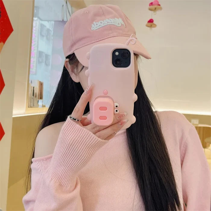 3D Cute Cartoon Pig Nose Telescopic Bracket Silicone Phone Case For iPhone PhoneShells