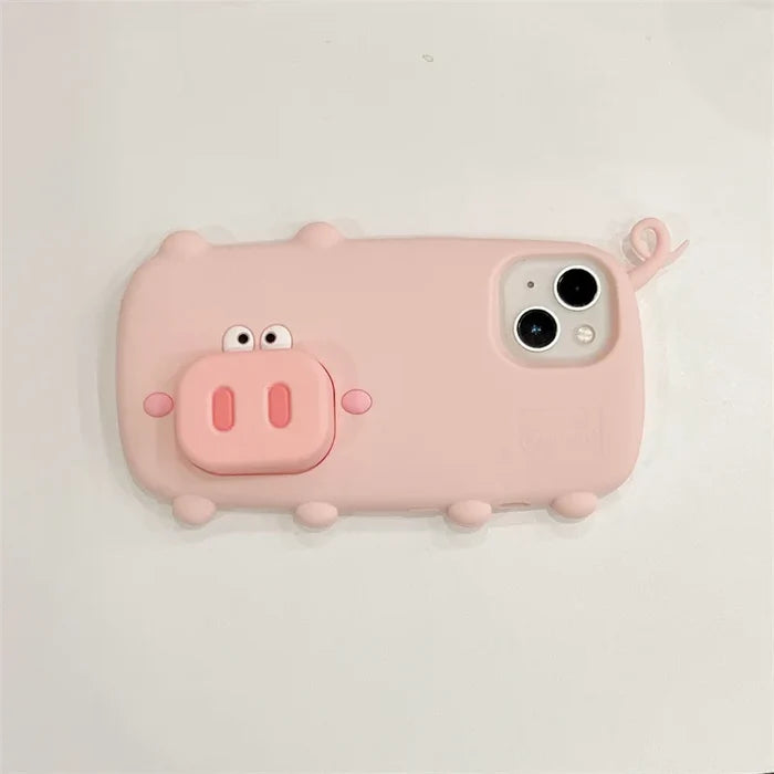 3D Cute Cartoon Pig Nose Telescopic Bracket Silicone Phone Case For iPhone PhoneShells