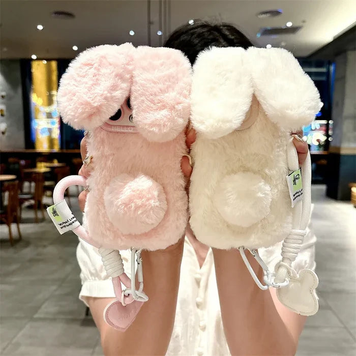 3D Cute Cartoon Rabbit Ears Warm Furry Plush Bunny Phone Case With Lanyard For iPhone PhoneShells