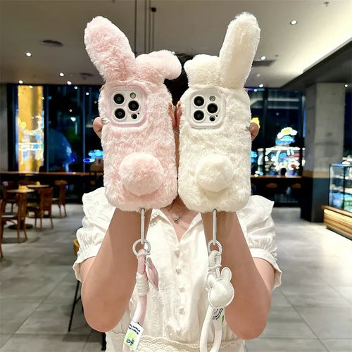 3D Cute Cartoon Rabbit Ears Warm Furry Plush Bunny Phone Case With Lanyard For iPhone PhoneShells