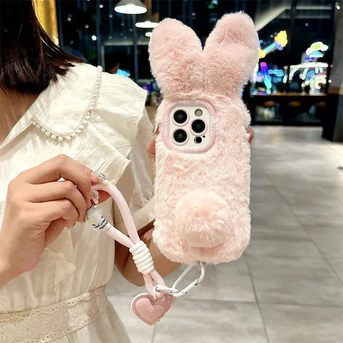 3D Cute Cartoon Rabbit Ears Warm Furry Plush Bunny Phone Case With Lanyard For iPhone PhoneShells