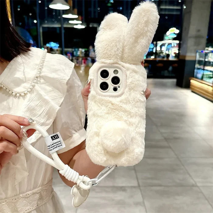 3D Cute Cartoon Rabbit Ears Warm Furry Plush Bunny Phone Case With Lanyard For iPhone PhoneShells