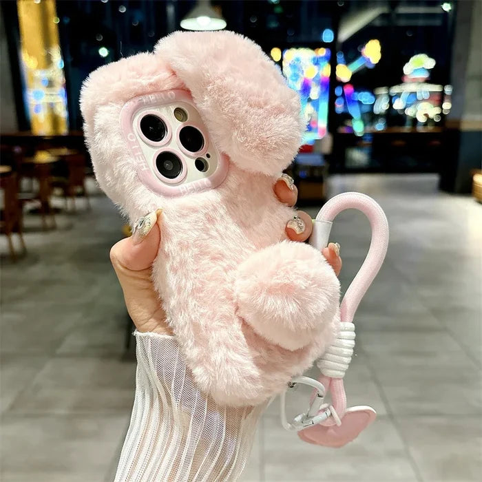 3D Cute Cartoon Rabbit Ears Warm Furry Plush Bunny Phone Case With Lanyard For iPhone PhoneShells