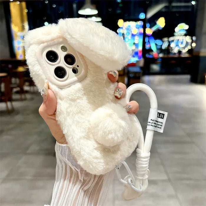 3D Cute Cartoon Rabbit Ears Warm Furry Plush Bunny Phone Case With Lanyard For iPhone PhoneShells