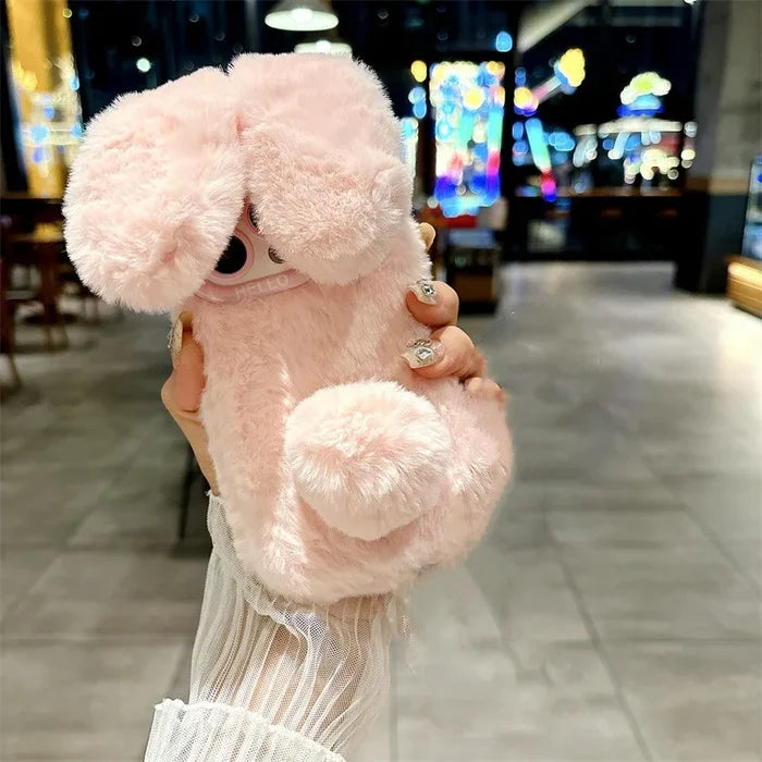3D Cute Cartoon Rabbit Ears Warm Furry Plush Bunny Phone Case With Lanyard For iPhone PhoneShells