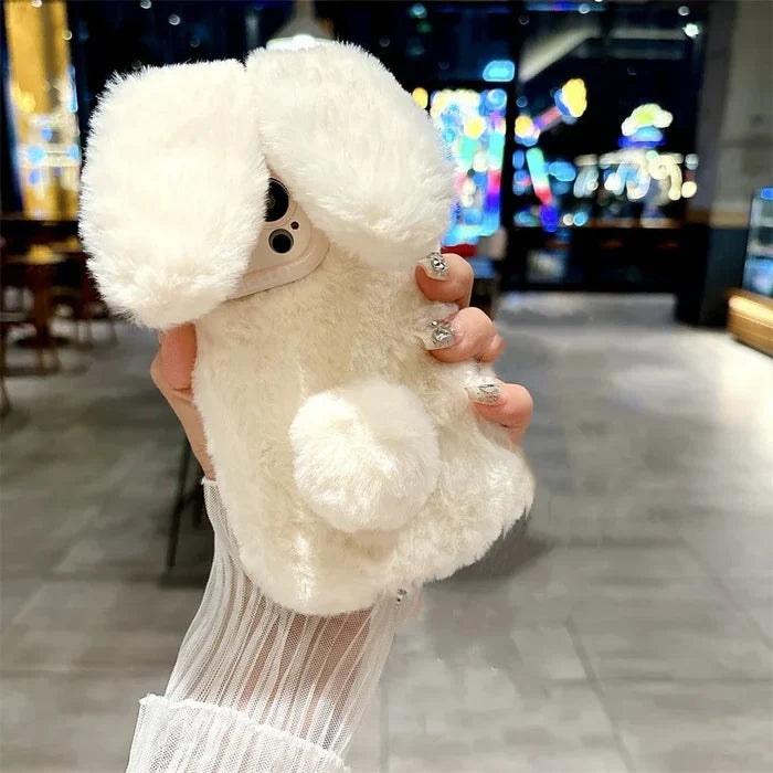 3D Cute Cartoon Rabbit Ears Warm Furry Plush Bunny Phone Case With Lanyard For iPhone PhoneShells