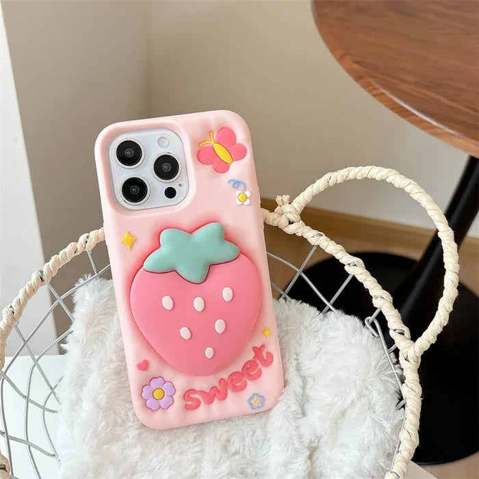 3D Cute Cartoon Strawberry Telescopic Bracket Silicone Phone Case For iPhone PhoneShells
