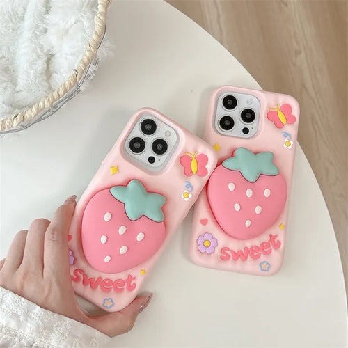 3D Cute Cartoon Strawberry Telescopic Bracket Silicone Phone Case For iPhone PhoneShells