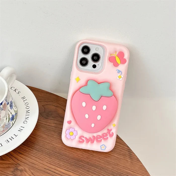 3D Cute Cartoon Strawberry Telescopic Bracket Silicone Phone Case For iPhone PhoneShells