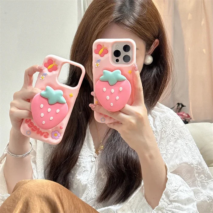 3D Cute Cartoon Strawberry Telescopic Bracket Silicone Phone Case For iPhone PhoneShells