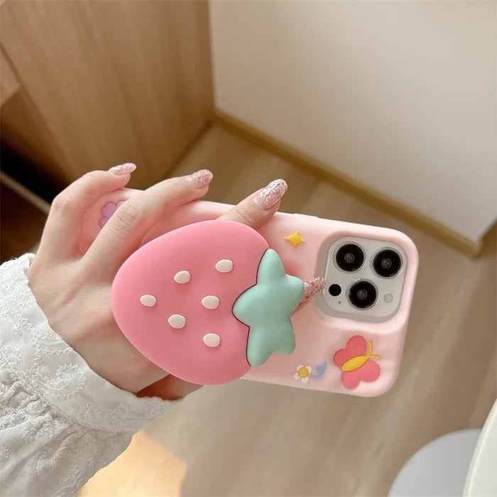 3D Cute Cartoon Strawberry Telescopic Bracket Silicone Phone Case For iPhone PhoneShells