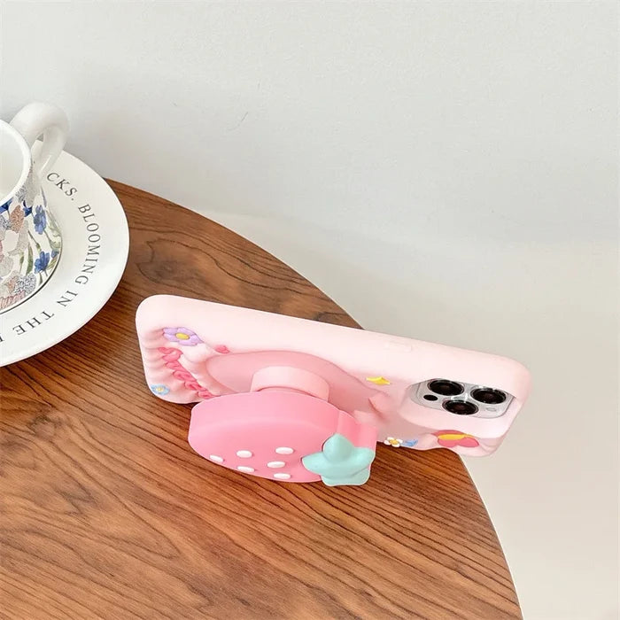 3D Cute Cartoon Strawberry Telescopic Bracket Silicone Phone Case For iPhone PhoneShells
