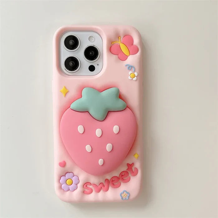 3D Cute Cartoon Strawberry Telescopic Bracket Silicone Phone Case For iPhone PhoneShells