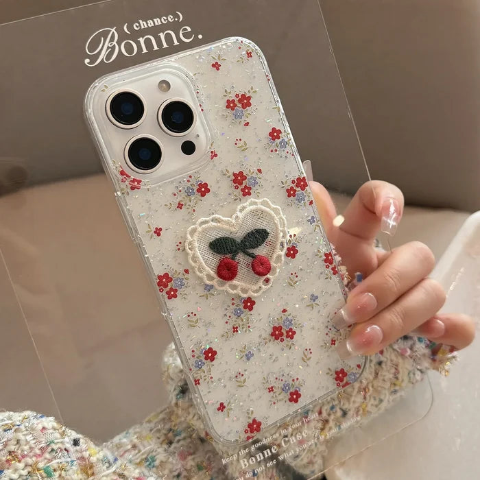 3D Glitter Flowers Lace Cherry Embroidery Phone Case For iPhone PhoneShells