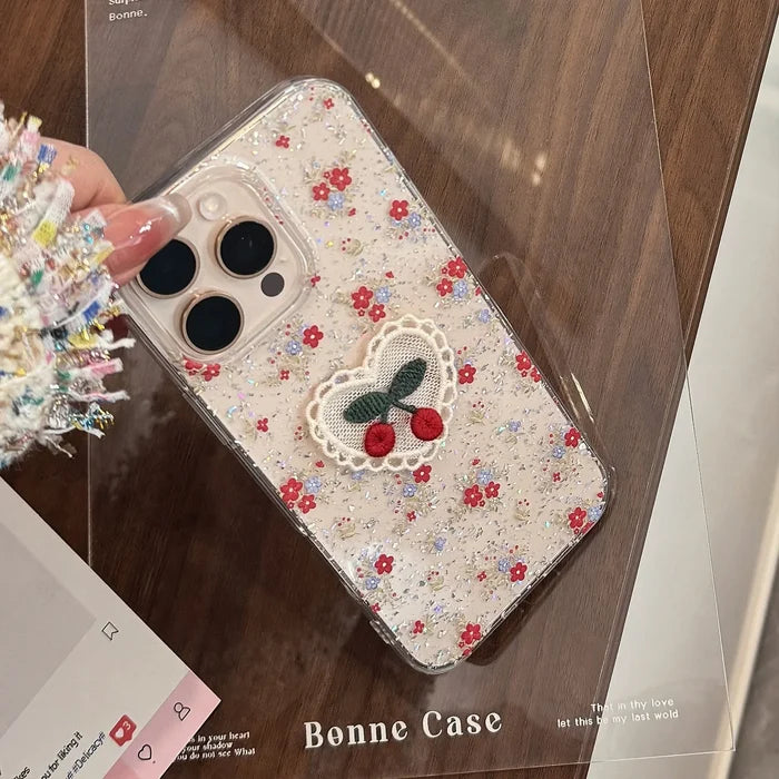 3D Glitter Flowers Lace Cherry Embroidery Phone Case For iPhone PhoneShells