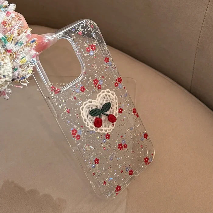 3D Glitter Flowers Lace Cherry Embroidery Phone Case For iPhone PhoneShells