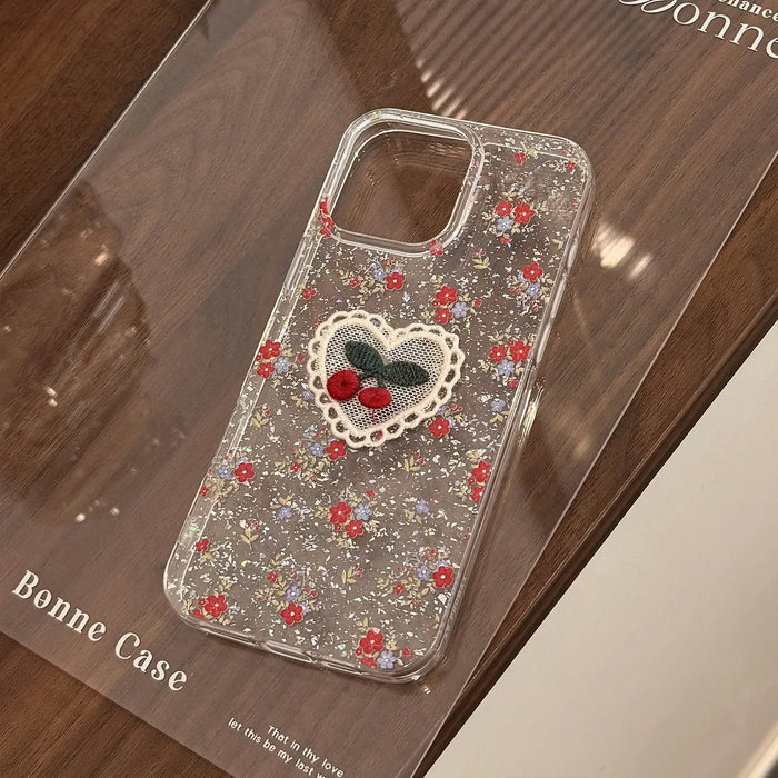 3D Glitter Flowers Lace Cherry Embroidery Phone Case For iPhone PhoneShells