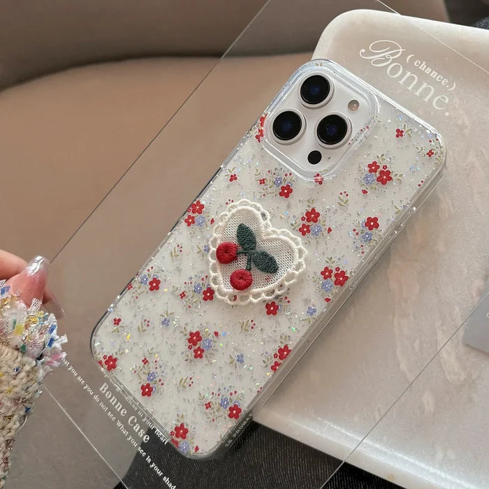 3D Glitter Flowers Lace Cherry Embroidery Phone Case For iPhone PhoneShells