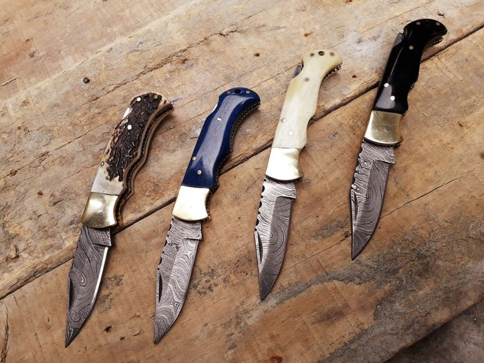 4 Damascus Steel Folding Pocket Knives cskforged