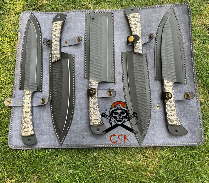 5 pieces custom made d2 steel Black coated chef knives set cskforged