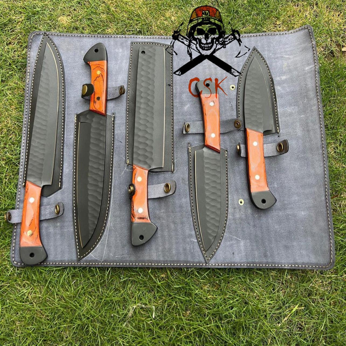 5 pieces custom made d2 steel Black coated chef knives set cskforged