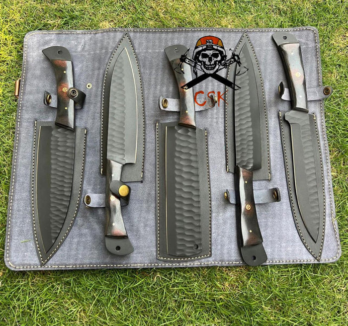 5 pieces custom made d2 steel Black coated chef knives set cskforged