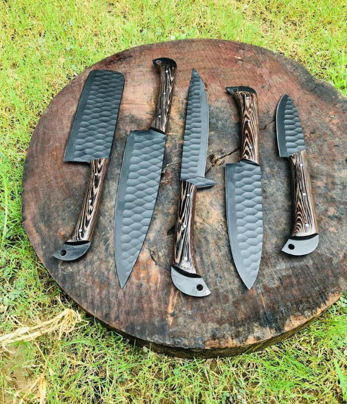 5 pieces custom made d2 steel Black coated chef knives set cskforged