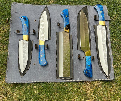 5 pieces Custom made D2 steel laser Etched Blades chef knives set cskforged