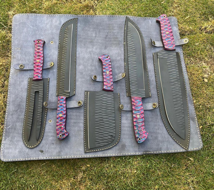 5 pieces Hand Forged Butcher kitchen chef knives & Fork set cskforged