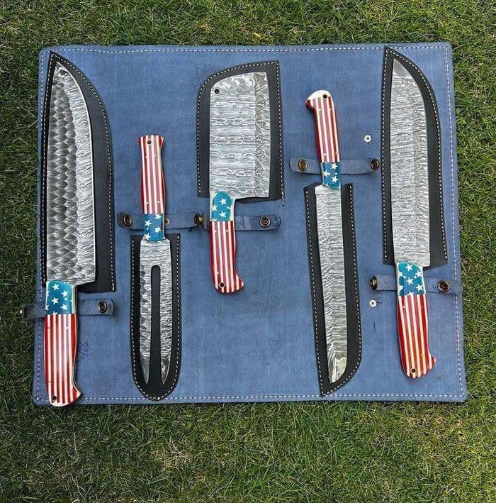5 pieces Hand Forged Damascus steel USA Flag kitchen chef knives cskforged