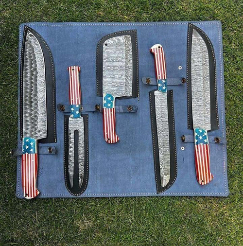 5 pieces Hand Forged Damascus steel USA Flag kitchen chef knives cskforged